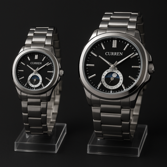 Curren Stainless Steel Couple Watch Set With Moonphase Design – Black Dial (box packed)